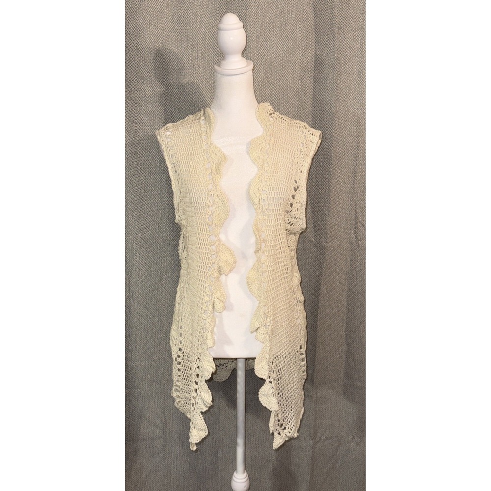 Sellbound Crochet Vest Women's Size Medium Ivory Cotton Long Boho Hippie